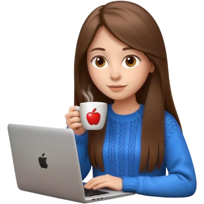 young woman 20 years old, long straight brown hair, wearing a sweater, drinking coffee and working on a laptop, 3D Apple emoji style emoji