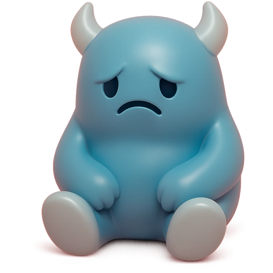 lonely monster, sitting alone with a sad expression, muted blue and grey colors, toy-like vinyl figure style emoji