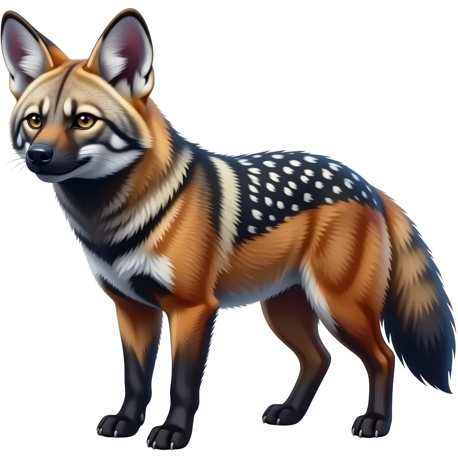 Shiny Colorful Dusky Dark Gloomy Glossy Aardwolf-Maned-Wolf-Genet-Bobcat-fusion-animal-hybrid-creature, full body emoji
