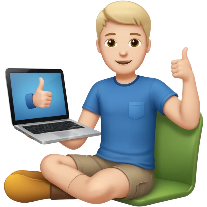 white guy sitting with laptop showing thumb emoji