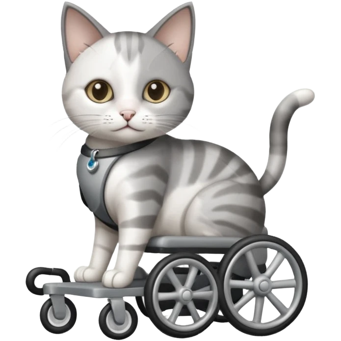 disabled grey and white small cat using cat wheelchair emoji