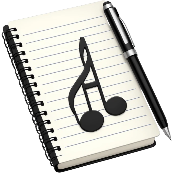 Minimalistic flat vector icon, iOS style, thin black contour on white background. Small notebook with a musical note on the cover, a pen placed next to it. Clean, modern, no text, no shadows. emoji