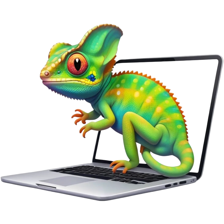 cute chameleon sitting on laptop, adorable face, bright colors, high quality, app logo emoji