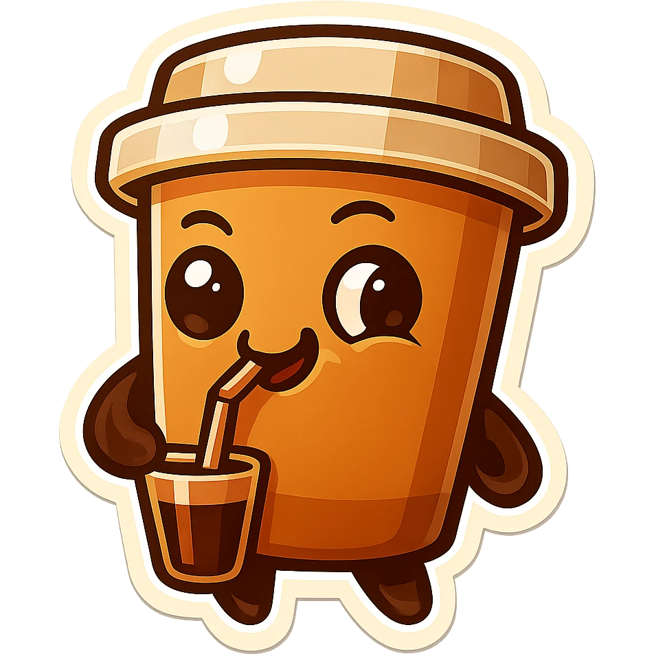 Tall coffee cup, amused, mischievous, drinking coffee with straw, looking sideways emoji