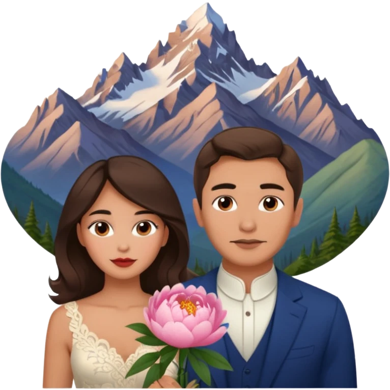 Couple traveling in Montenegro russian man and elegant  Latina girl delicate peonies and mountains in the background  emoji