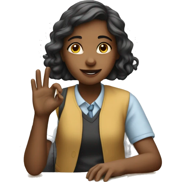 girl is sitting at school desk,  hand is raised emoji
