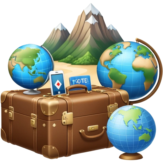 An icon featuring a suitcase, a hotel bell, and a globe, symbolizing tourism and hospitality. The design includes a scenic landmark, like a mountain or beach, and a check-in desk, representing travel and accommodation services. Transparent background emoji