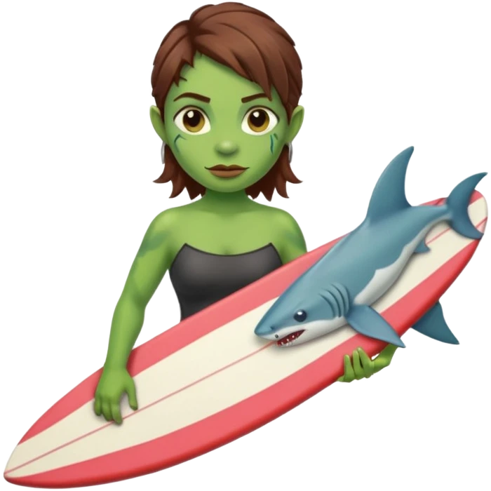 orc female holds a little surfboard with a shark painted vertically in his hands emoji