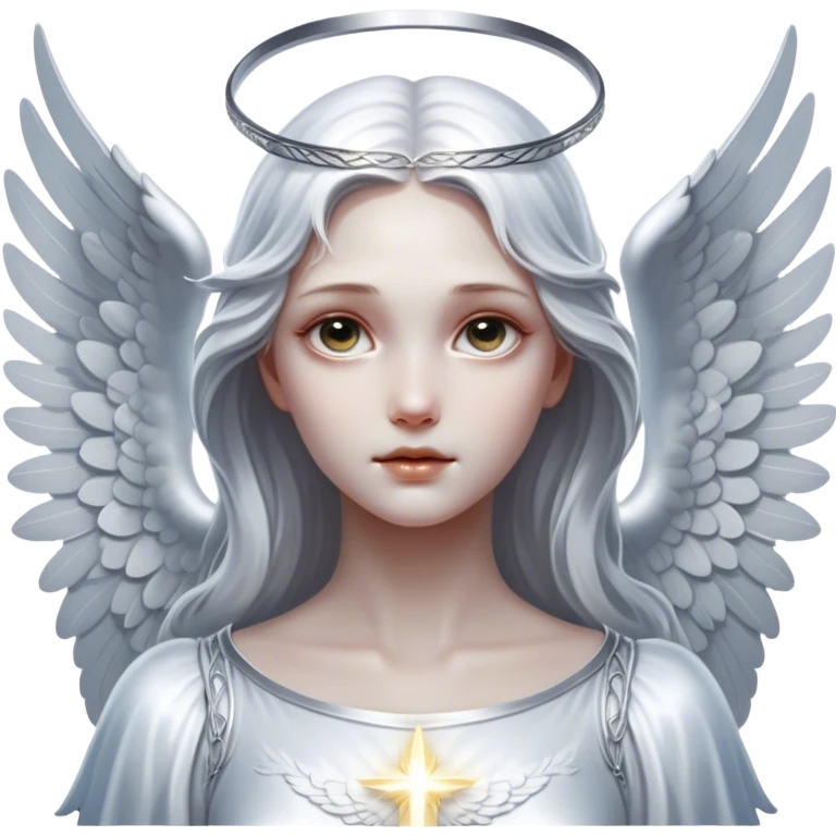 Cinematic Angel, Ultra realistic 32k HD, hauntingly beautiful, Balanced features, highly detailed, glowing with silver light, high shine, remembrance, a painting of white silver, fanciful, enchanting, ghostly. The image is so lifelike it feels as though it could leap off the canvas at any moment emoji