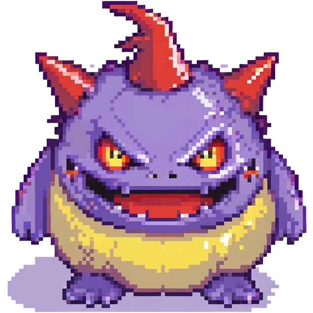 Gengar, the purple ghost Pokemon with red eyes and a mischievous grin emoji
