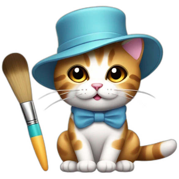 Kawaii cat artist in hat with palette and brush so it can be used as a mouse cursor emoji