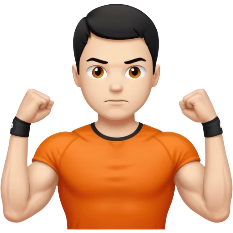 Mach mir einen unglücklichen typen der im gym trainert und viele muskeln hat mit einem orangen sport thshirt und schwarzen kurzen haaren emoji