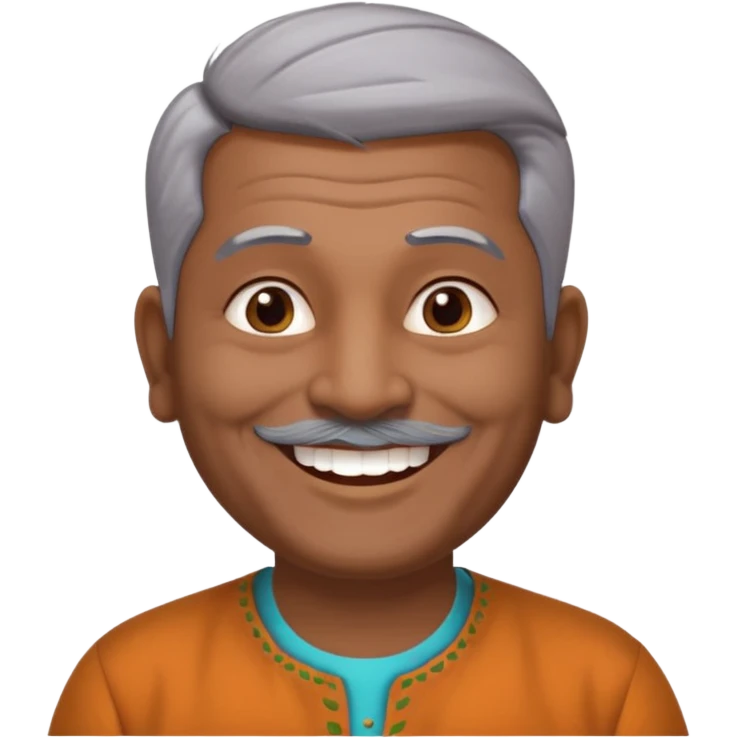 50 yr old indian man, dark skin, grey hair, big smile, white teeth, chubby, no moustache, clean shaven, young style hair, bindy, hair brushed up emoji