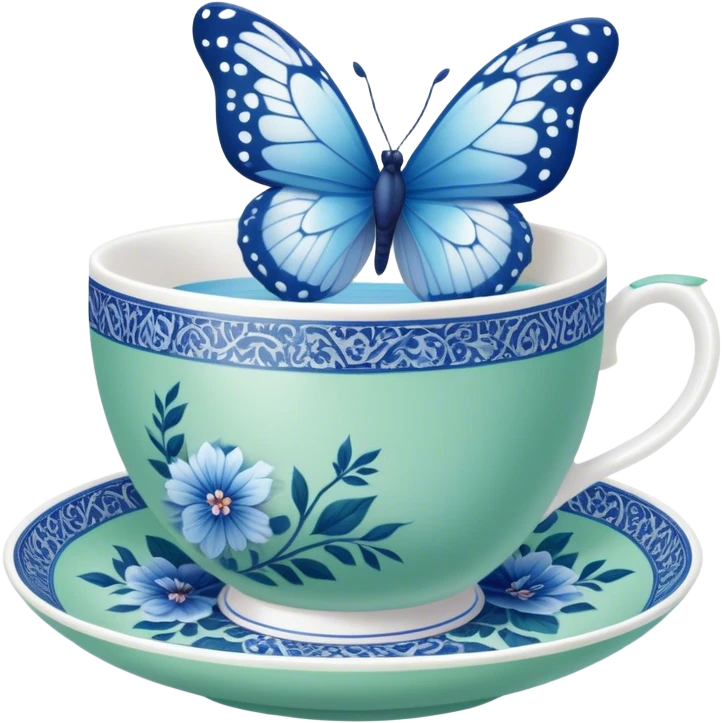 A delicate butterfly with pastel blue wings, resting on the edge of a green  porcelain teacup adorned with intricate blue floral patterns. emoji