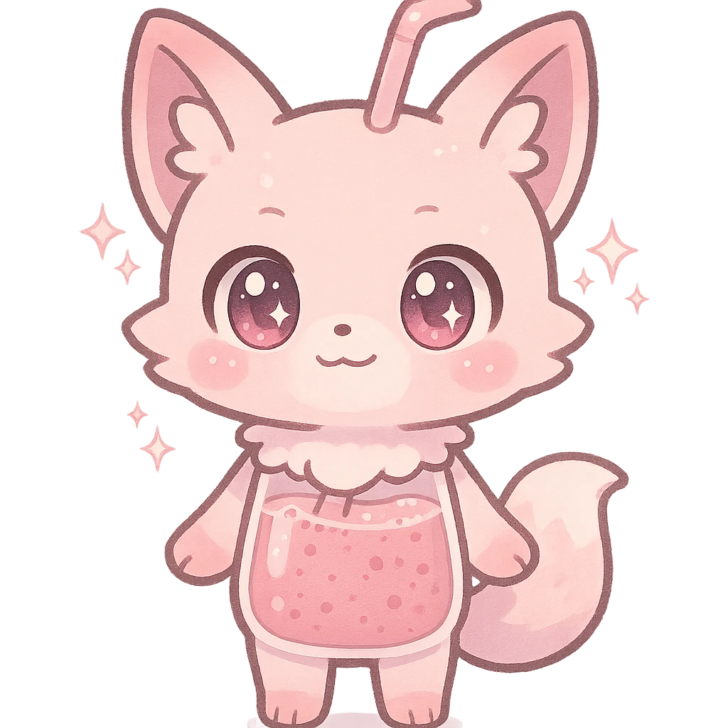 full-body chibi pastel pink fox-blender hybrid with transparent body showing smoothie inside, sparkling eyes, transparent background emoji