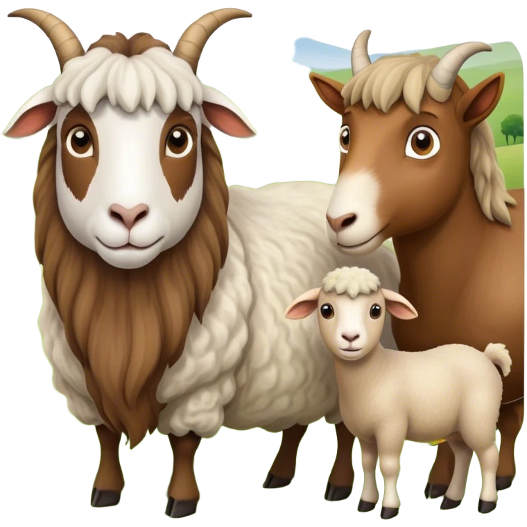 Icon for Domestic Hooved Animals: A gentle collage featuring a brown goat with large, curious eyes, a calm sheep with soft wool and a horse with a flowing mane. Background with a green pasture and a few hay bales. Transparent background. emoji