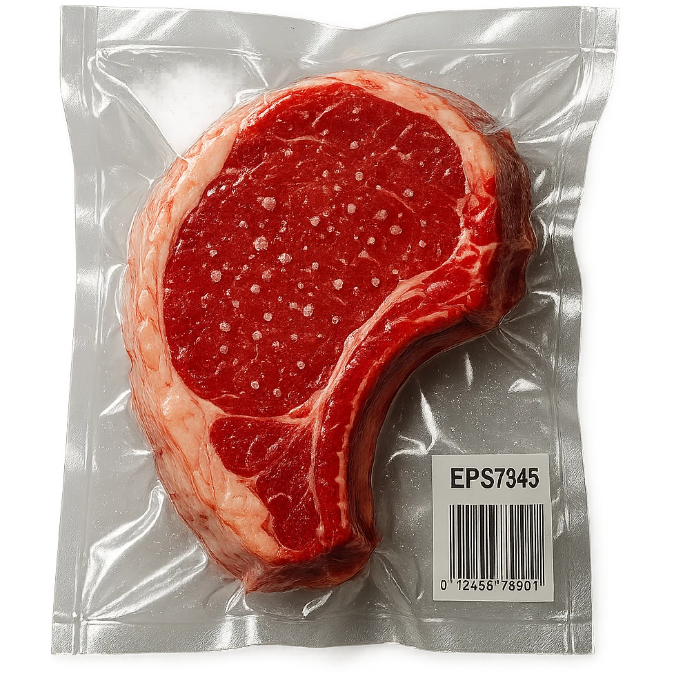 juicy steak sprinkled with tiny crystals, shiny and inflated, vacuum-sealed style emoji