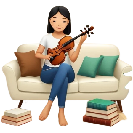 Asian woman who reading in the living room that crowded Fiddle Fig and tons of books emoji