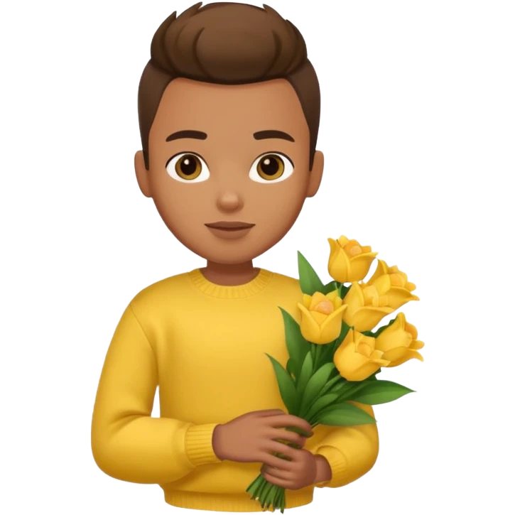 a pretty bratz guy carrying a bouquet and a yellow sweater. Muscled emoji