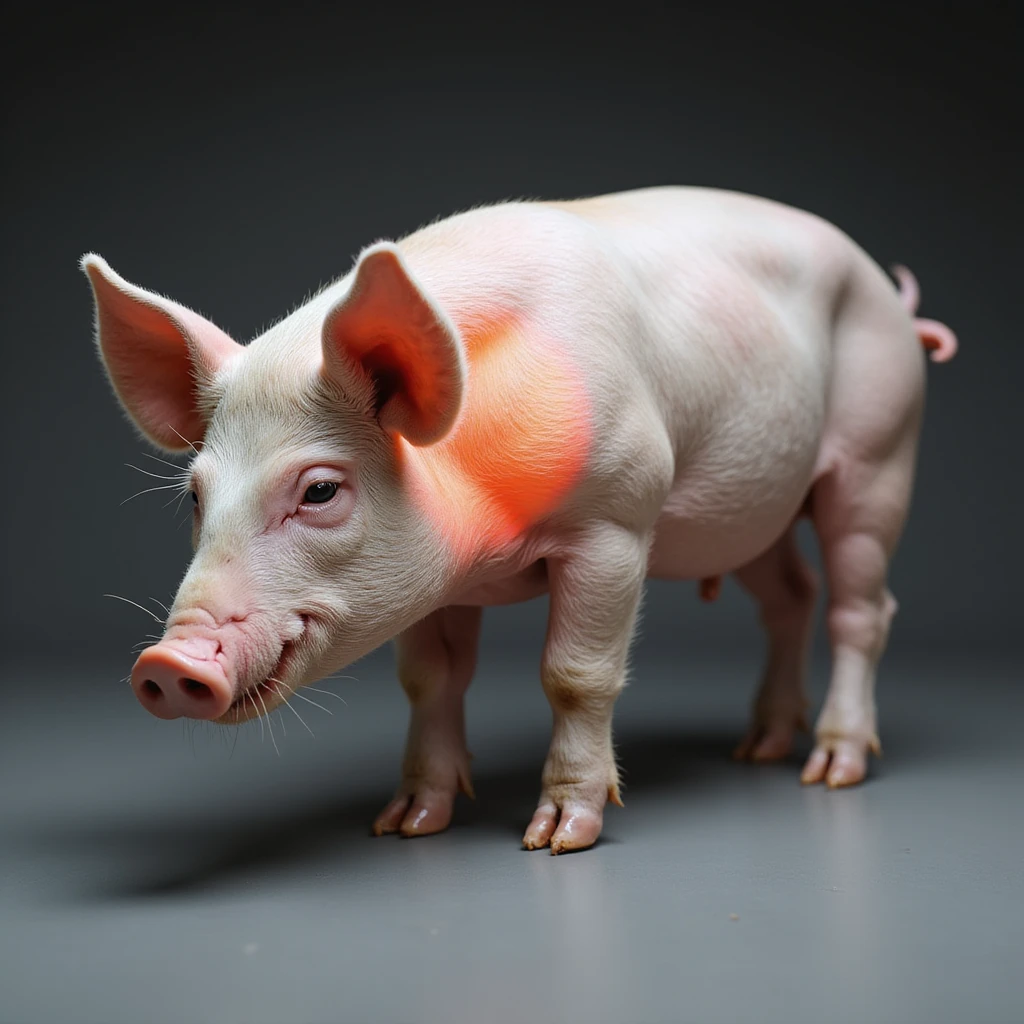realistic pig standing on a white background with a transparent or softly colored red or orange highlight on the neck indicating the thyroid position, no cuts or blood, clean didactic style, hyperrealistic 4K emoji