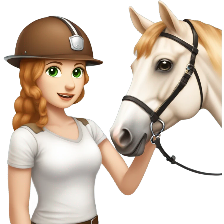 Extremely attractive and feminine white teen girl with green eyes and medium length strawberry blonde hair wearing traditional English riding helmet giving a treat to a brown and white paint horse emoji