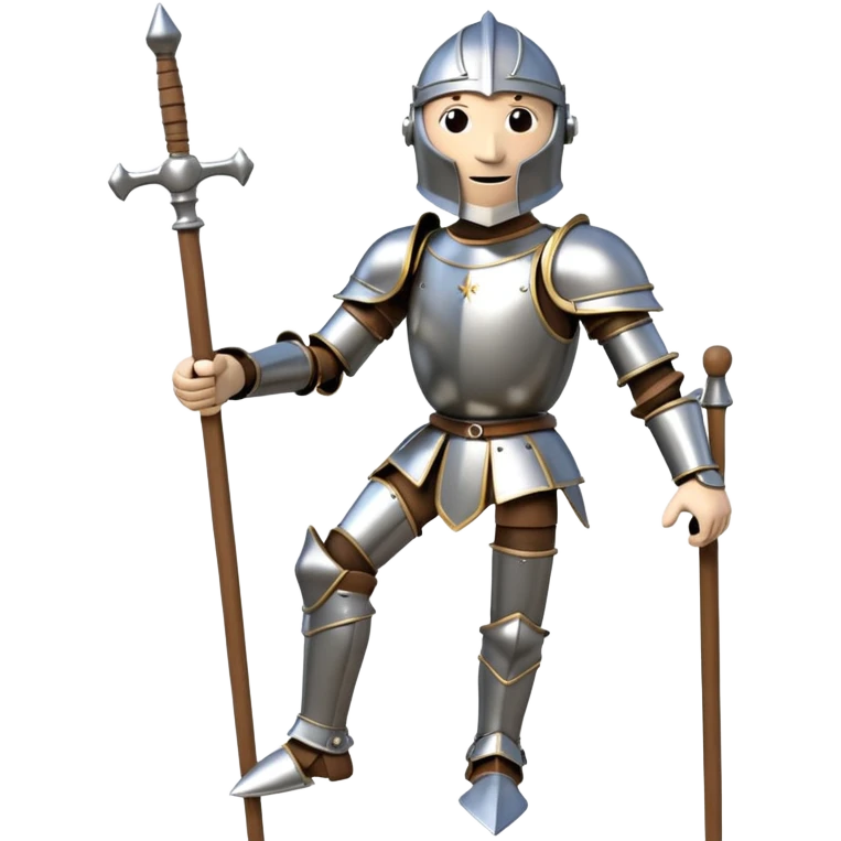 3D render of Knight Puppet as a wooden marionette puppet, Painted silver wood armor, strings, silver metal screw joints at elbows and knees, polished brown wood texture, rigid toy pose, emoji style, isolated on white background --v 6.0. emoji
