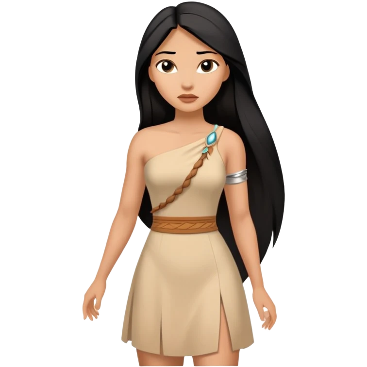 Pocahontas from hips up, tan dress with one shoulder, long black hair, minimal style but clearly recognizable emoji