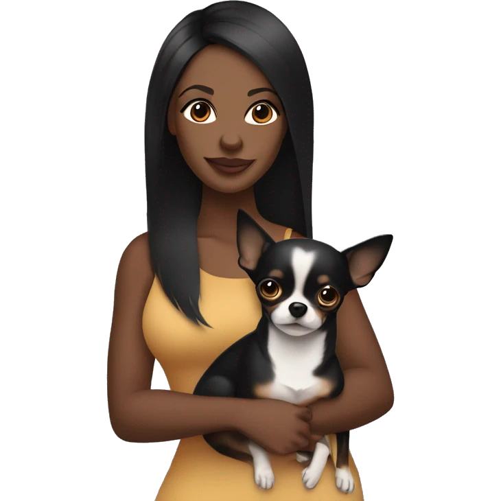 A curvy African American woman with dark skin and straightened black hair holding a black and brown pointy ear chihuahua  emoji