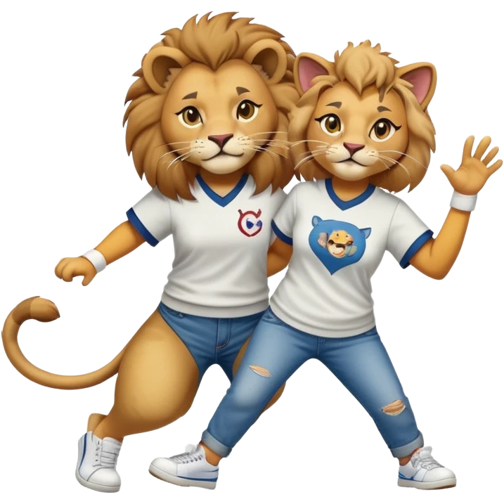 friendly anthropomorphised female lion in a baseball shirt, jeans, and trainers helping a hiphop female cat up after falling emoji