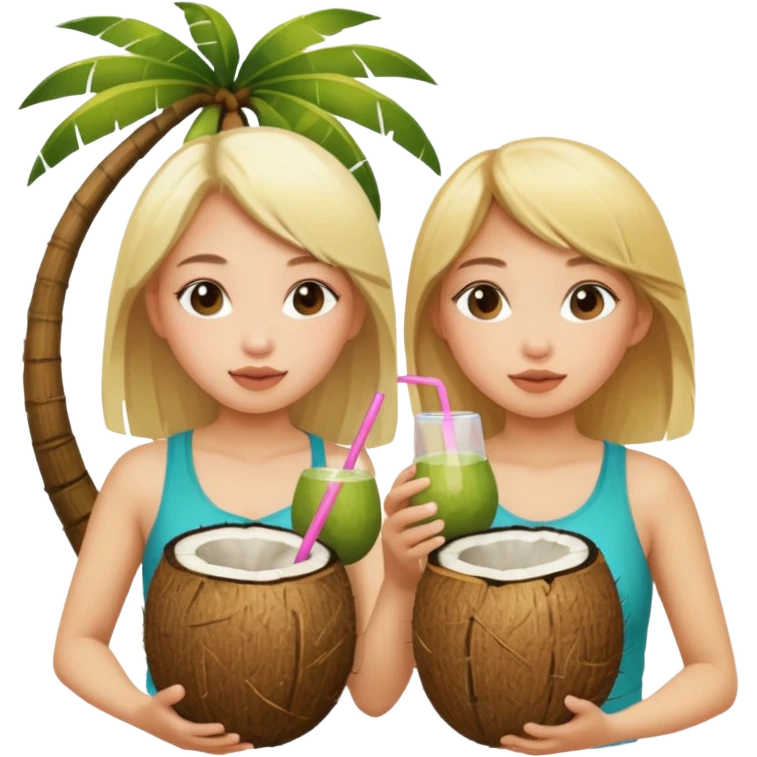 girls drinking out of a coconut one is Asian the other one is blonde  emoji