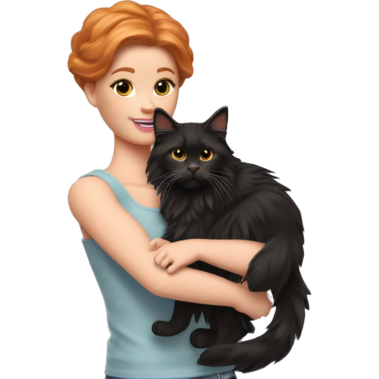 Barbie girl with ginger hair Holds in his arms Black Maine coon emoji