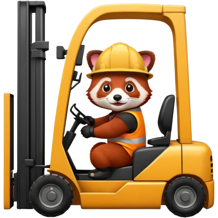 Red panda driving forklift. Make sure it looks like a red panda with all fur variations. Put a hard hat on the panda. Make panda fit inside the forklift emoji