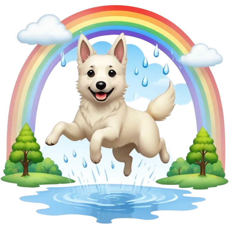 Beautiful White belgian Shepard jumping Cheerful  over Rain puddles. There is a rainbow in the sky and trees in the background emoji