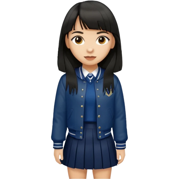 hair : black long hair with fringe 
skin : light 
cloth : brown varsity jacket + navy long long school girl skirt 


 emoji