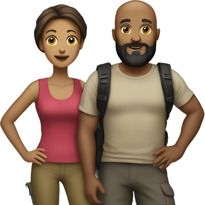 Almost bald with black beard men with his wife long brown hair hiking emoji