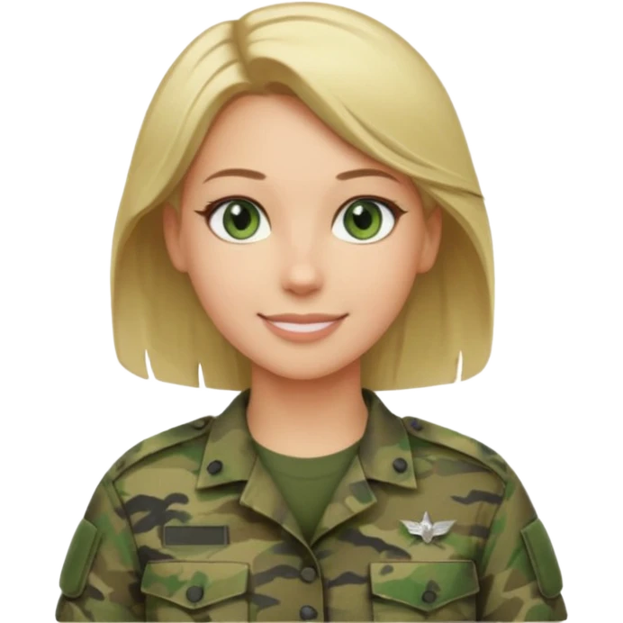 Apple-style emoji: female soldier, bust, no cap/helmet, friendly smile, generic camo top, blonde hair emoji