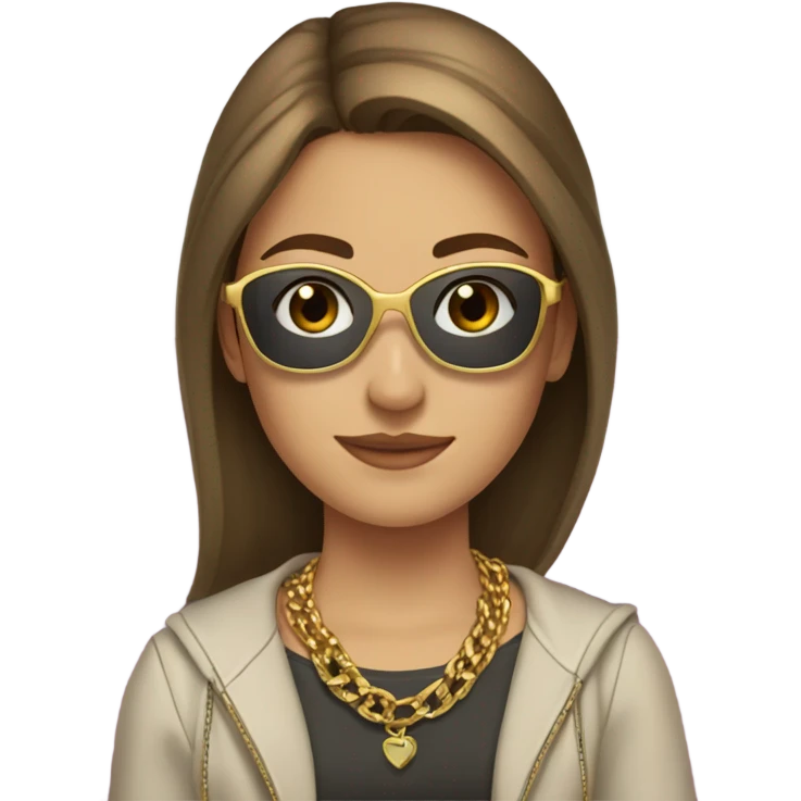 Teen Caucasian girl sitting on couch with brown hair sunglasses and gold necklace  emoji