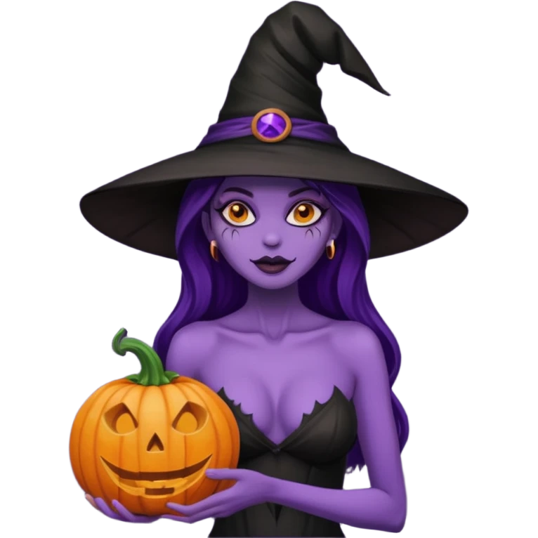 A naked woman with bare chest wears a carved pumpkin head and a witch hat with purple skin emoji