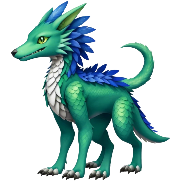 Cute cool fantasy animal hybrid Sergal-Digimon-Fakemon full body, green scales, brown eyes, blue feathers emoji