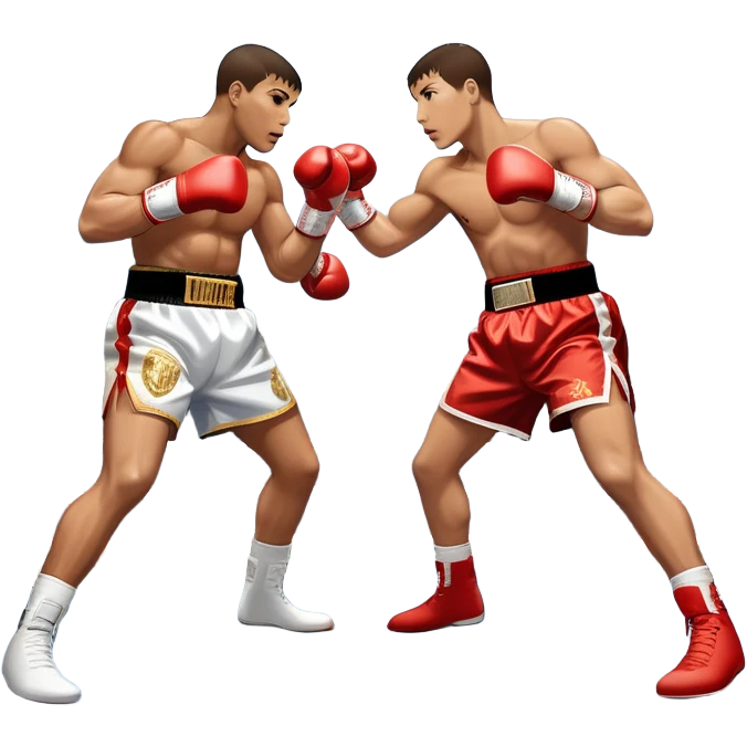  a high-stakes boxing match for the world championship title. Two professional boxers, wearing gloves and championship belts, exchange powerful punches in the center of the ring. The background features a packed arena with bright lights, a roaring crowd, and the championship banner hanging above.  emoji