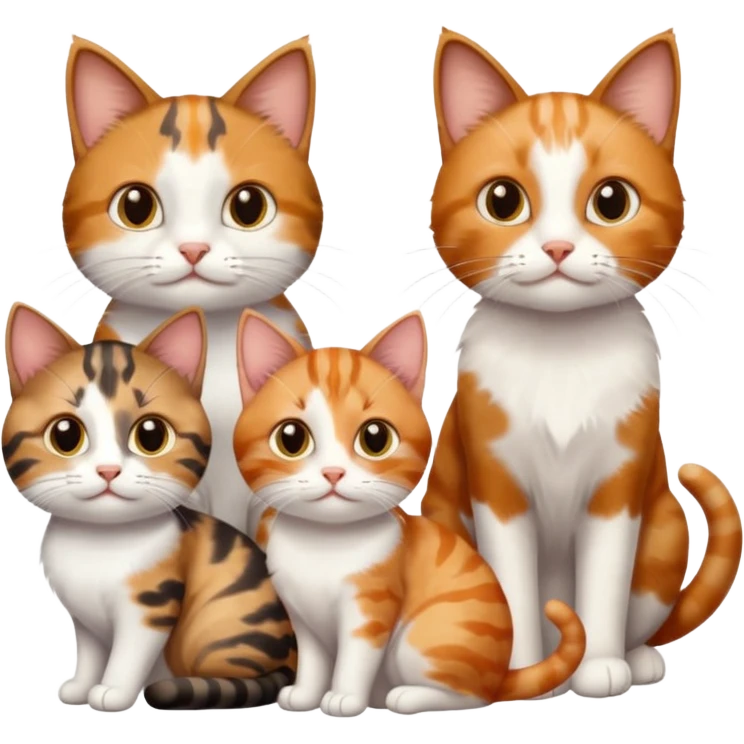 3 different coloured small cats including a brown tabby and white, a patchy calico, and a ginger and white emoji
