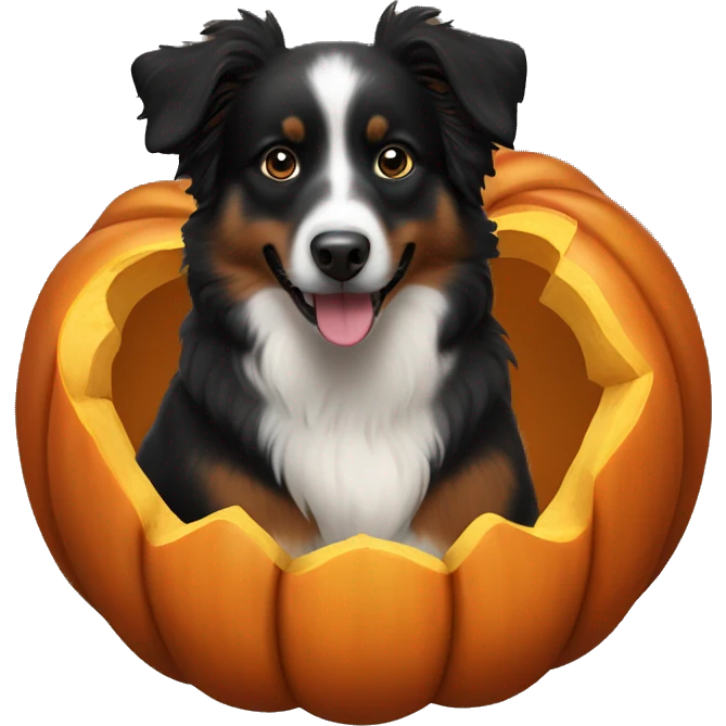 Small black australian shepherd dog in a pumpkin emoji