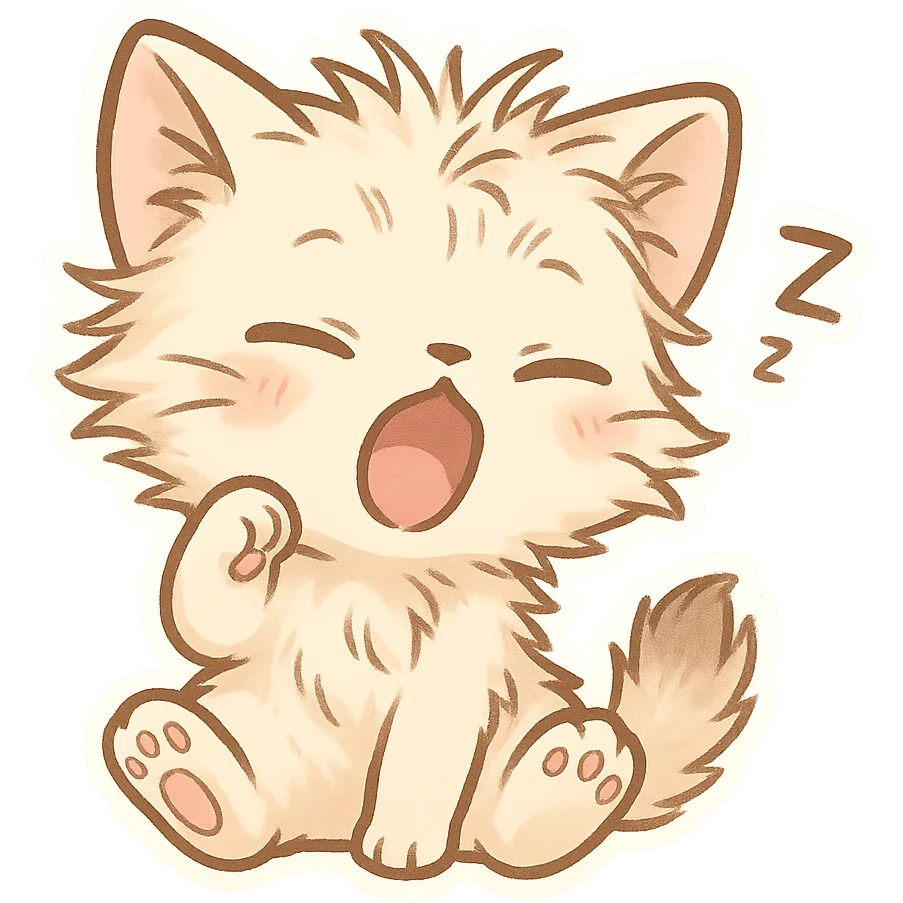 chibi style cat waking up, tiny paws, messy fur, cute expression emoji