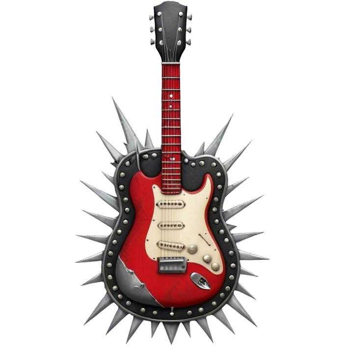 Create a powerful and dynamic humanless emoji representing rock vocals. The design should feature a classic vintage microphone with a rugged, distressed look, surrounded by elements like a guitar pick, electric guitar neck, and sound waves to reflect the raw energy of rock music. Add subtle details such as a spiked bracelet, leather textures, or bold lightning bolts to evoke the rebellious and intense spirit of rock. Use dark, edgy colors like black, red, silver, and metallic accents to emphasize the fierce, loud, and passionate nature of rock vocals. The background should be transparent. emoji