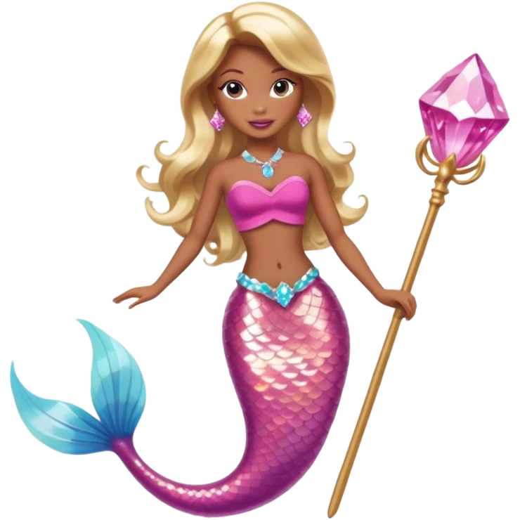 Brown skin blonde hair barbie mermaid with pink diamond tail and wand  emoji