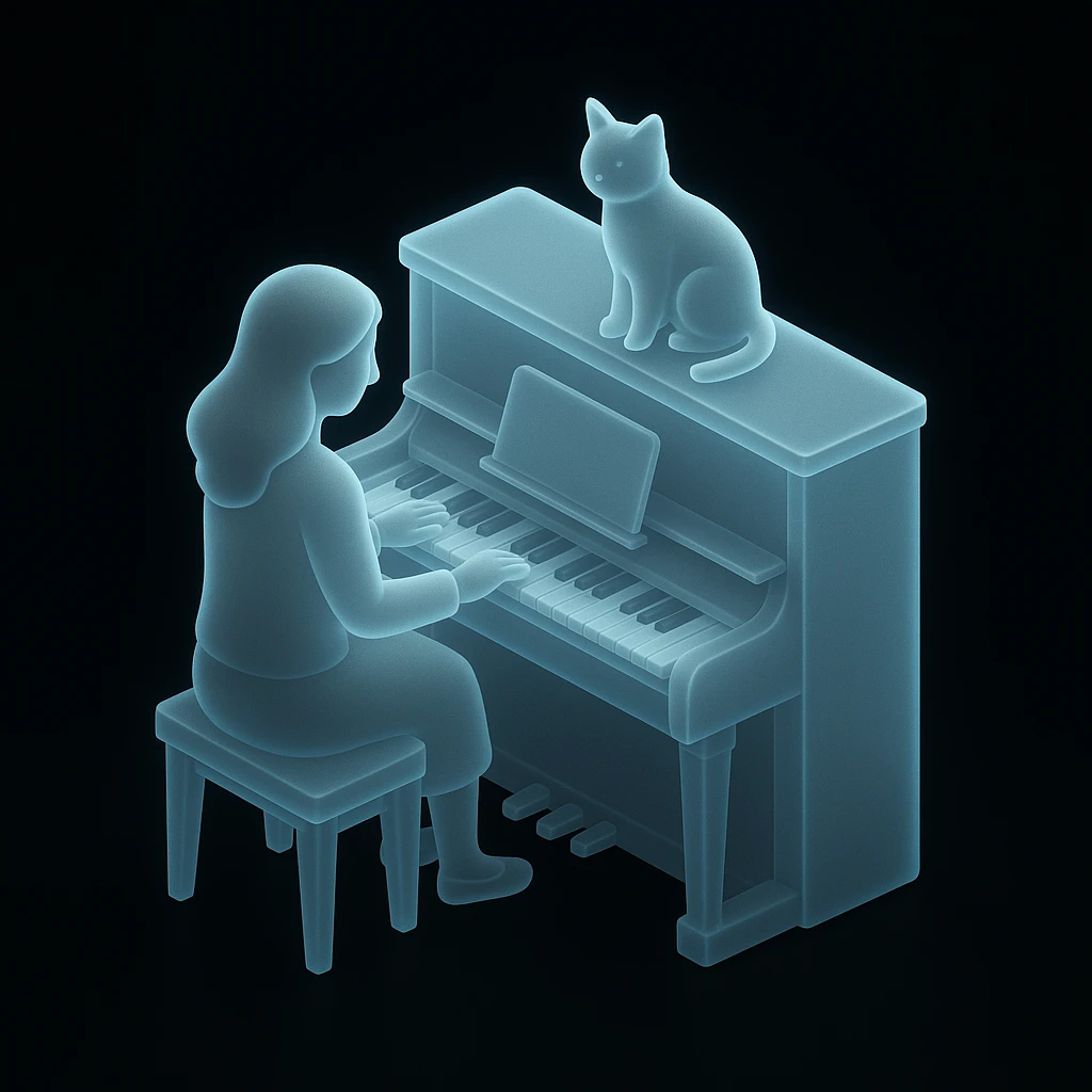 woman playing piano while her cat sits on top of the piano emoji