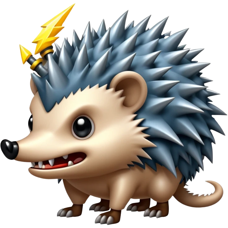 a fantastical dangerous and spooky electric hedgehog with sharp teeth, metal spikes, and strong fangs, electricity and lightning coming, menacing look emoji