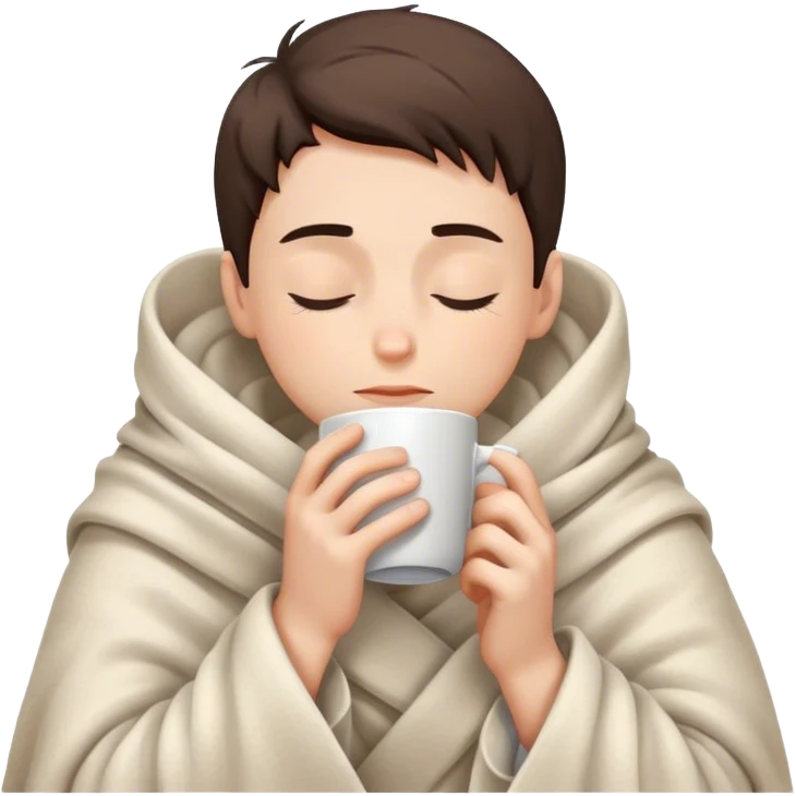 Boy inside a blanket sipping coffee eyes closed emoji