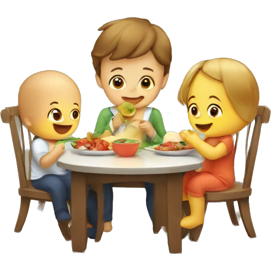 A baby in the kids chair and his parents are eating helsi food  by the table  emoji