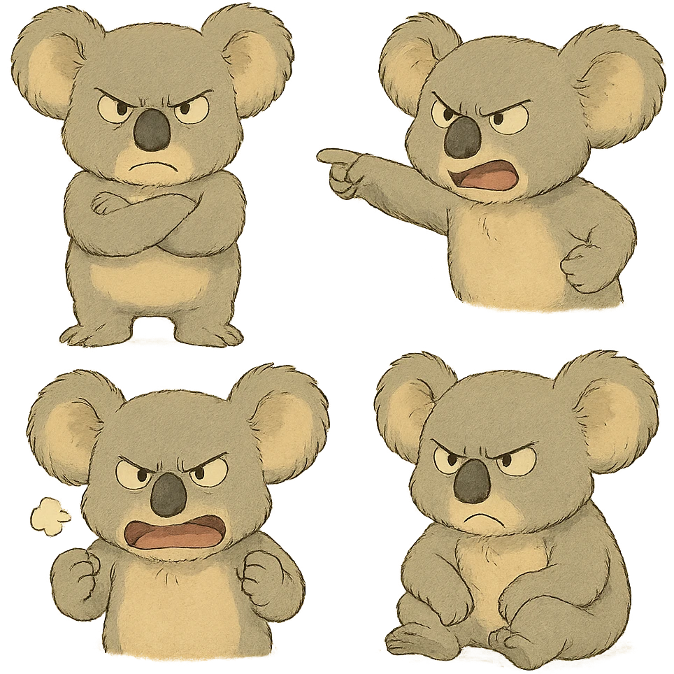 angry koala with different poses and expressions in ghibli style emoji